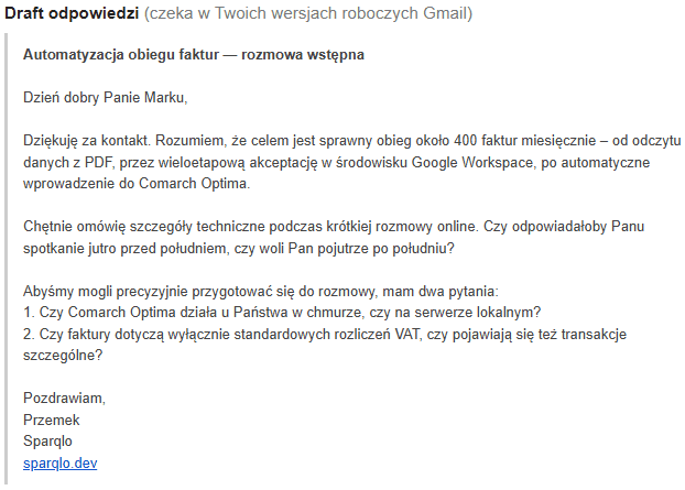 Szkic odpowiedzi handlowej w skrzynce