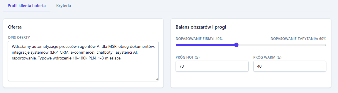 Panel konfiguracji: opis oferty, balans dopasowania firmy i zapytania oraz progi priorytetów