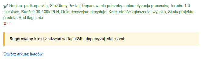 Sugerowany krok i link do arkusza leadów w powiadomieniu