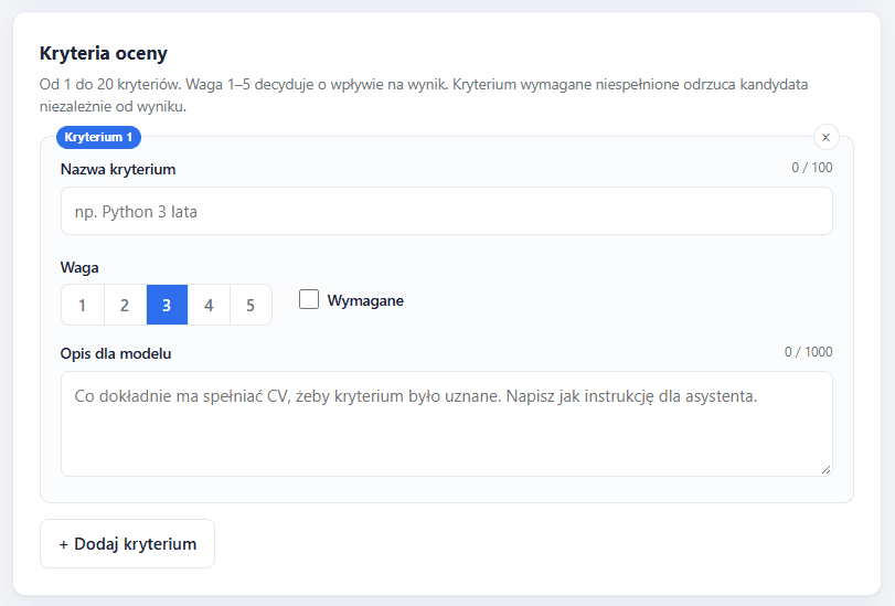 Panel rekrutera z kryteriami i wagami stanowiska